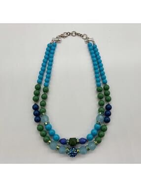 Double Strand Statement Necklace Blue & Green Beads Textured Rhinestone Charm
